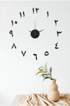 MNZ-Black Wooden 3D Decorative Clock جزئي الجدار مع الأرقام العربية - Black infigo-romarakamlı01 - İnfigo Concept