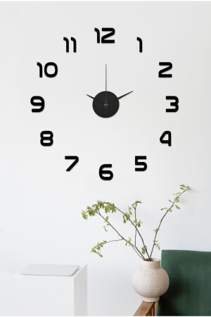 MNZ-Black Wooden 3D Decorative رقم منتظم ساعة الجدار الجزئية - الأسود infigo-romarakamlı01 - İnfigo Concept