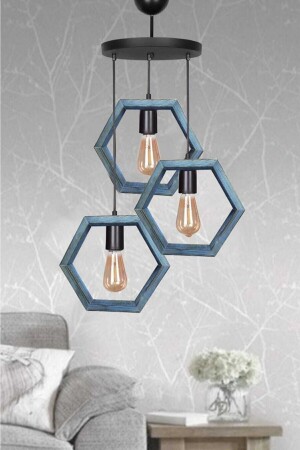 MNZ-Blue ملوّن الخشب 3 قطع هيكساجون الشنابل 080 - Zuhal Aydınlatma