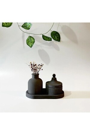 MNZ-Bohemian Pampas Vase & Jewelry Box & Sugar Bowl & Stand 3 PIECES سكندنافي البوهمي الأسود - Genel Markalar