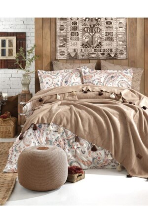 MNZ-Boho Chic غطاء غطاء مزدوج مع بطانية مقلية-كابوتشينو NHPUSKULLUBAT01 - İyi Geceler İstanbul