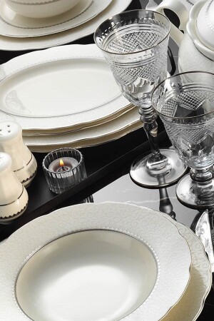 MNZ-Bone Olympos 62 قطعة 1138020 نمط بلاتينوم شبكة عشاء مجموعة BNOLY62YT1138020 - Kütahya Porselen