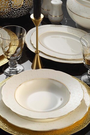 MNZ-Bone Olympos 62 قطعة 11390 نمط الذهب الشبكة عشاء مجموعة BNOLY62YT43011390 - Kütahya Porselen