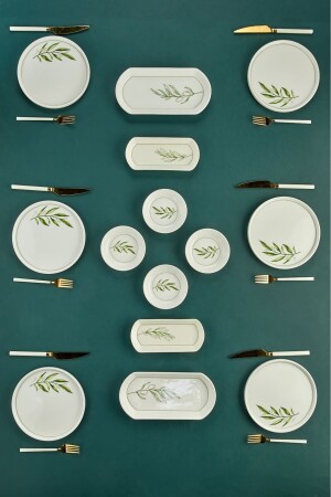 MNZ-Botanical Green Camellia Leaf نمطية السيراميك الفاخرة 14 قطعة إعداد الإفطار ل 6 أشخاص - Erbaşlar