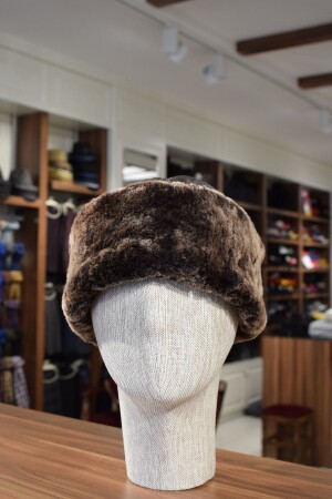 MNZ-Brown الجلد الأصلي قبعة تشيتشين بورك مع فروة داخل GÖKSU-13 - Göksu Şapka