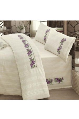 MNZ-Buldan Cross Stitch Embroidered Double Duvet Cover Set-lilac EAKSBULBC377MT - Mandaş