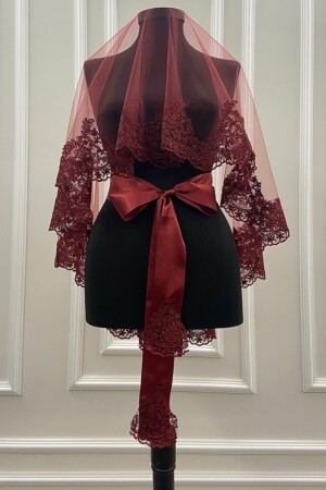 MNZ-Burgundy Lace حجاب العروس، قفازات ساش، مجموعة كاملة الرائقة - ZEYMERADE