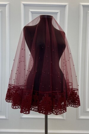MNZ-Burgundy Pearl Flock طباعة اللونة الحجاب العروسية مجموعة - Zeymerade