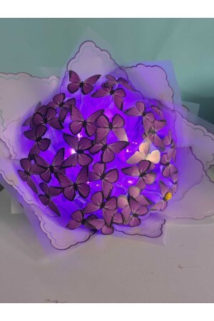 MNZ-Butterfly Bouquet بنفش 24 فراشة مع أضواء (LED) - Düşhane Kelebek Buketi