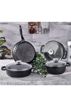 MNZ-Carabella معدنية معدنية 7 قطع طباخات مع غطاء زجاجي أسود - Tac-3817 - Taç