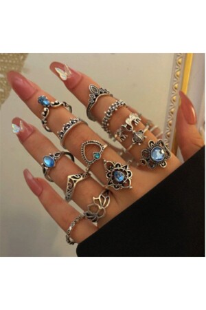 MNZ-Carve 13 Piece حلقة حجر زرقاء - Girift Vintage