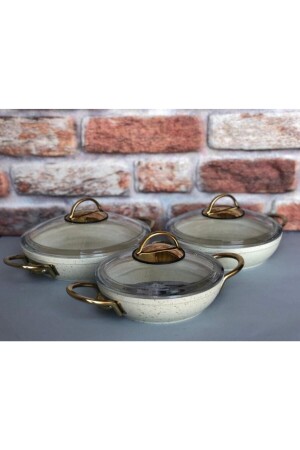 MNZ-Cast Cream Gold Handle Granite Pan Set من 3 ك-529 - Özkent