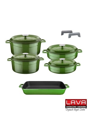 MNZ-Cast Iron 5 Piece Pot و Pan Set صلبة خضراء تجارية و مسدس 498465464156 - Lava