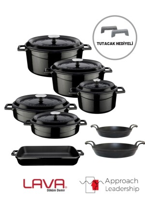 MNZ-Cast Iron 8 Piece Pot و Pan Set عصرية السيليكون الأسود المقبض 898941489884 - Lava