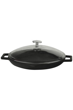 MNZ-Cast Iron Round Frying Pan مع غطاء زجاجي معدني معدني صلب ذو مسافة ضخمة ثنائية - Lava