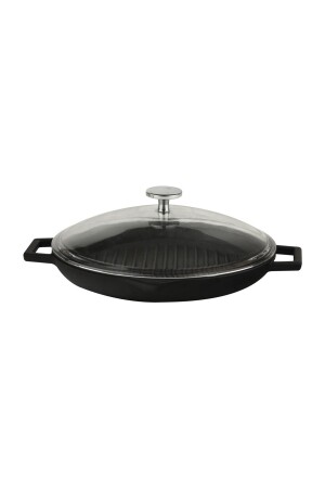 MNZ-Cast Iron Round Grill Pan مع غطاء زجاجي من الحديد الصلب الصلب ذو مسافة ضخمة (Ø) 26cm. TYC00406781510 - Lava