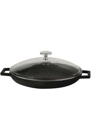 MNZ-Cast Iron Round Grill Pan مع غطاء زجاجي معدني معدني صلب مع مسافة مسافة مسافة (Ø) 30cm. LV ECO GT 30 T5 K3 - Lava