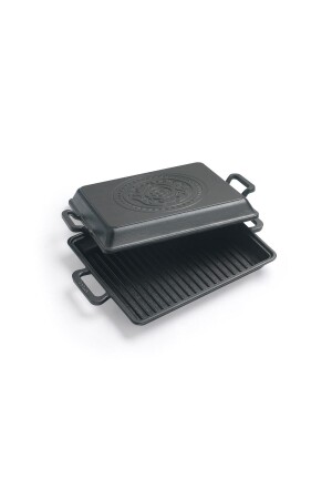 MNZ-Cast Iron Uncoated Grill Pan 26x32 محفظة الخشب مجموعة من 2 حاويات تغطية 100% الإنتاج المحلي مع غطاء - ESTAŞ