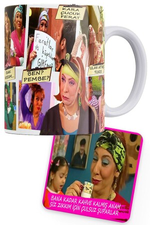 MNZ-Cennet Mahallesi Series Pink Collage طباعة كوب البورتسلان مع ساحل الخشب هدية Cennet-Mah. 14 - remonz