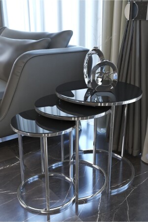 MNZ-Ceylin 3 مقاعد طاولة قهوة مستوى الفضة لون المعدن ساق، المرآة السوداء PukkaZigon - Puklife