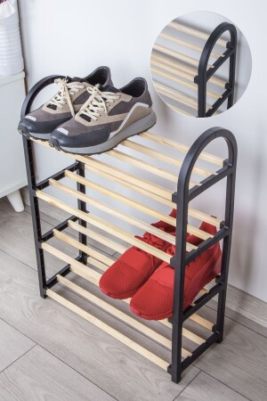 MNZ-Chawood Midi 4 شقق رصيف الأحذية الأسود رصيف الأحذية الخشبية الصلبة وحدة رف الأحذية الخشبية مع عصا الخشب - Çavdar Group