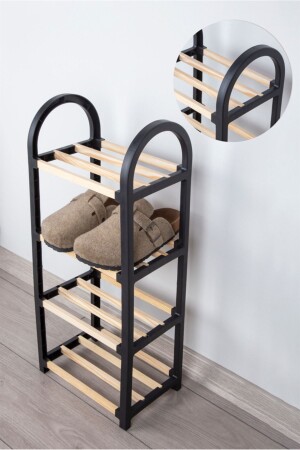 MNZ-Chawood Mini 4 شقق شاحنة أحذية سوداء شاحنة أحذية خشبية صلبة وحدة رف الأحذية الخشبية مع عصا خشبية - Çavdar Group