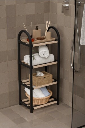 MNZ-Chawood Mini 4 شقق حمام أسود منظمة الحذاء الخشب الصلبة رف الحذاء وحدة رف مع عصا الخشب - Çavdar Group