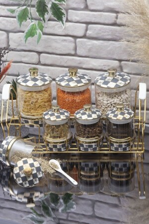 مجموعة الزيوت من الزجاج من سلسلة MNZ-Checkered 7-piece Spice Set MUBA -Quadra-1 - Arow - Dubai