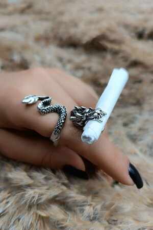 MNZ-Cigarette Holding Dragon Model قديم القديم الخاتم المعدل المعدل بالفضة - S4s