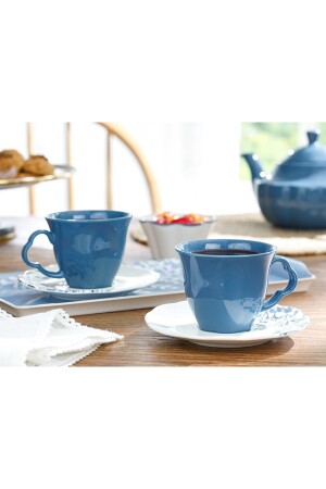 MNZ-Clover Flower Porcelain Teacup Set للشخصين 180 مل أبيض - أزرق 10032303 - English Home
