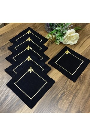MNZ-Coffee Serving Napkin - Picot & Gold Black & Gold Leaf - 6 قطعة KS-7010 - OYA home