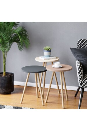 MNZ-Colorful Triple Nesting Coffee Table ساقي الخشبية الدائري تصميم البستيل الرمادي كريم كابوتشينو BAHARYURVALAK - interGO