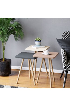 MNZ-Colorful Triple Nesting Coffee Table خشبية ساقي مربع تصميم بيسري كريم كابوشينو TYC00041561403 - interGO