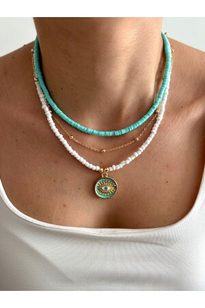 MNZ-Combination Necklace 3-piece Necklace Summer Necklace Set Fimo Necklace زجاج أبيض مع حلقة العين - Hercy