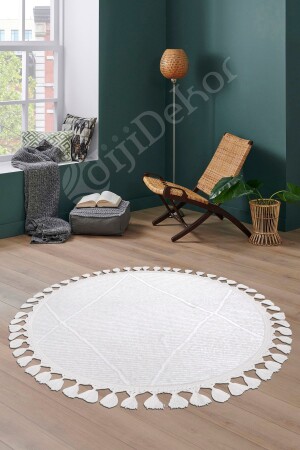 MNZ-Cotton White Bohemian Round Fringed Bathroom Rug 80x80 ريفيف-بيض-جول-فرينج-80X80Y - Dijidekor