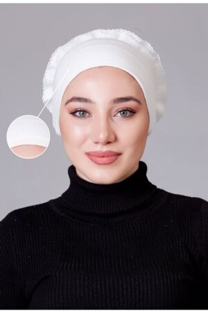 MNZ-Cream (Ecru - خارج البيضاء) Lycra Frilly Non-Slip Bonnet - Nanak