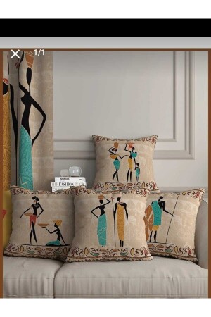 MNZ-Cream خلفية العرقية الأفريقية التركيزة نمط الرقمي المطبوع مرتين رمي غطاء وسادة - Flamenco Tekstil