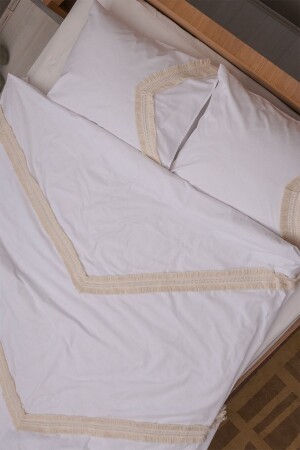 MNZ-Cream Tassel White 100% Cotton Single Duvet Cover & Pillowcase Set 160x220 سم ONVR100 - vivamaison