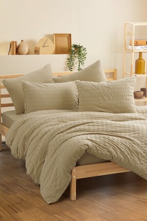 MNZ-Crepe Combed Cotton Double Duvet Cover Set مع الأوراق المطوية بيج 1561p - Cotton Box