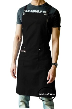 MNZ-Cross Strap Kitchen Apron كبير الطباخين المقاهي مطعم الطباخين الطباخين صاغر الشعر باريستا Apron - الأسود - Medusaforma