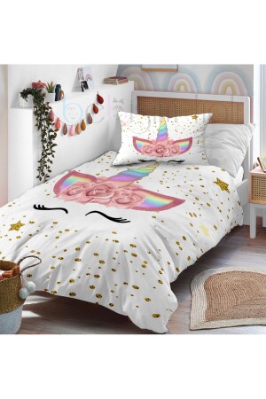 MNZ-Cute Unicorn Gold Gilding و Polka Dot وحيدة أطفال السرير مجموعة BH2350-N - Bebişim Halı