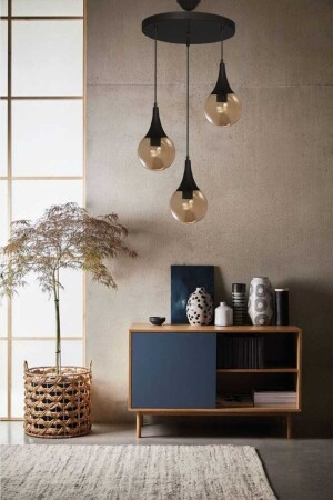 MNZ-Damla 3-piece pendant lamp Model Chandelier - زجاج العسل مستديرة - سوداء حديثة - المطبخ - غرفة المعيشة D3 - VEDA AVİZE