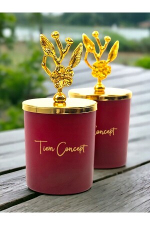MNZ-Decorative Gold Olive Branch Toped Amber Aromated 2-piece Claret Red Glass Candle Set 202193 - Tiem Concept