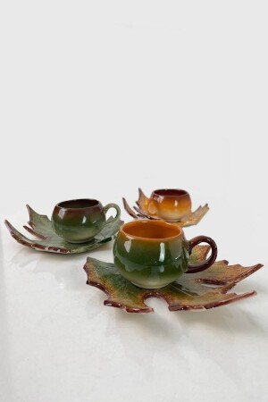 كوب قهوة شاي مكون من ورق شجرة من طراز MNZ-Decorative plane Set in green and brown colors for 3 persons ARTCNR3 - Artistic Quality