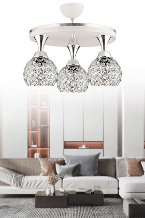 MNZ-Defne 3 قطع محترفة صالون أبيض كروم كريستال كرة فاخرة الشنابل 35 سم 3005 - KUZEY AYDINLATMA