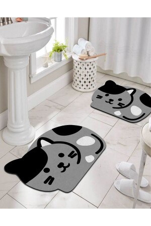 MNZ-Digital Printed Non-Slip Base Cute Kitten Bath Mat مجموعة حمام مزدوجة (40x60) (60x100) -p21 مات-بيضاء20-مظلم21 - COZIE HOME