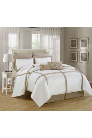 MNZ-Double Beige White Button مزينة القطن ساتن غطاء غطاء مجموعة BBDS - METİNEV