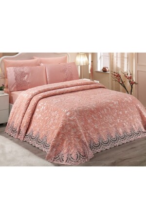 MNZ-Double French Laced Pearl Stone Embroidered Dowry Blanket Set - مسحوق FRN02 - Walls Home