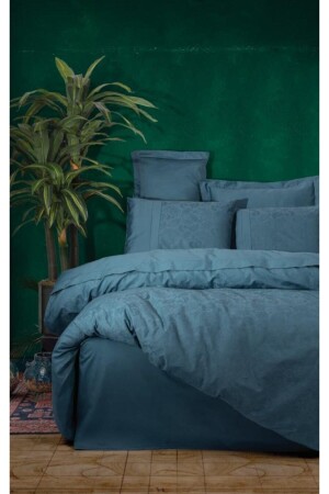MNZ-Double Jacquard Satin Duvet Cover Set Sante Petrol nd_8680108055892 - Cotton Box