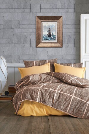 MNZ-Double Pale Brown Plaid 6 Piece Duvet Cover Set مع ورق مرنة - CANDAN ÇEYİZ